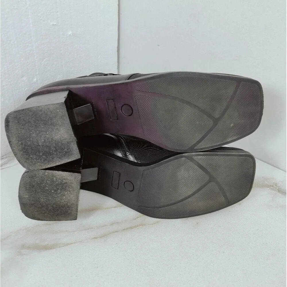 St. John's Bay Bailey Black Leather Fabric Chunky Heel Ankle Boots, Sz 11